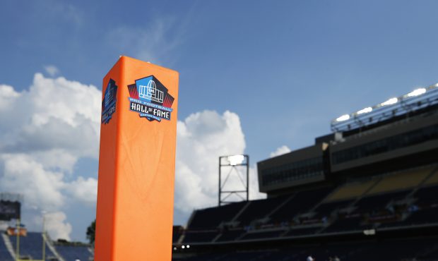 General view of the end zone pylon with Hall of Fame logo prior to the NFL Hall of Fame preseason g...