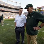 DENVER, CO - SEPTEMBER  1: Colorado State Rams head coach Mike Bobo and Colorado Buffaloes head coach Mike MacIntyre chat before their game on September 1, 2017 in Denver, Colorado during gate Rocky Mountain Showdown at Sports Authority Field.  (Photo by John Leyba/The Denver Post via Getty Images)