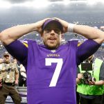 Case Keenum #7 of the Minnesota Vikings celebrates after defeating the New Orleans Saints in the NFC Divisional Playoff game at U.S. Bank Stadium on January 14, 2018 in Minneapolis, Minnesota.  (Photo by Jamie Squire/Getty Images)