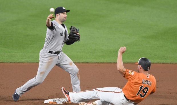 Neil Walker #14 of the New York Yankees throws to first base after forcing out Chris Davis #19 of t...