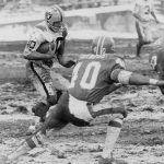 Denver, CO October 12, 1969 - Oakland Raider Pete Banaszak battles the Denver Broncos for 11 yards in the third quarter. (Roy H. Williams / Oakland Tribune)(Digital First Media Group/Oakland Tribune via Getty Images)
