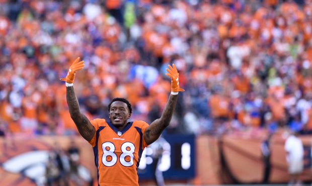 Demaryius Thomas (88) of the Denver Broncos hypes up the crowd late in the fourth against the Seatt...
