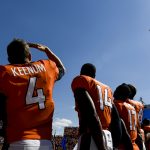 DENVER, CO - SEPTEMBER 16: Case Keenum (4) of the Denver Broncos watches planes do a flyover before playing the Oakland Raiders in the first quarter on Sunday, September 16, 2017. The Denver Broncos hosted the Oakland Raiders. (Photo by AAron Ontiveroz/The Denver Post via Getty Images)