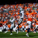 DENVER, CO - SEPTEMBER 16:  Defensive back Rashaan Melvin #22 of the Oakland Raiders intercepts a pass intended for tight end Jake Butt #80 of the Denver Broncos at Broncos Stadium at Mile High on September 16, 2018 in Denver, Colorado. (Photo by Justin Edmonds/Getty Images)