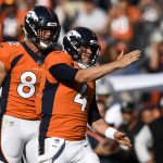 DENVER, CO - SEPTEMBER 16: Case Keenum (4) of the Denver Broncos celebrates a run for a first down against the Oakland Raiders with teammate Jeff Heuerman (82) during the fourth quarter of the Broncos' 20-19 win on Sunday, September 16, 2017. The Denver Broncos hosted the Oakland Raiders. (Photo by AAron Ontiveroz/The Denver Post via Getty Images)