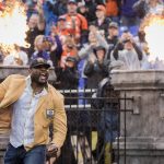 Hall of Fame inductee Ray Lewis of the Baltimore Ravens is introduced before the game against the Denver Broncos at M&T Bank Stadium on September 23, 2018 in Baltimore, MD.  (Photo by Scott Taetsch/Getty Images)