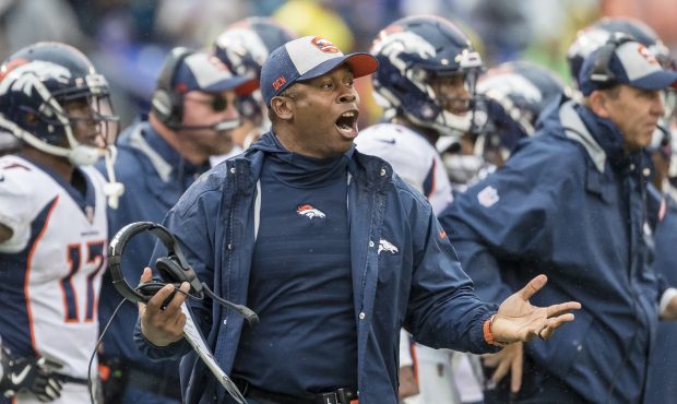 Head coach Vance Joseph of the Denver Broncos reacts against the Baltimore Ravens during the second...