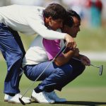 Jose-Maria Olazabal of Spain uses the shoulders of Seve Ballesteros also of Spain to get a better view of the hole during the 29th Ryder Cup Matches on 28th September 1991 at Kiawah Island in South Carolina, United States.  (Photo by Stephen Munday/Getty Images)