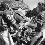 SEP 3 1978, SEP 4 1978, JAN 9 1994; Football - Denver Broncos (Action); Louie Wright & Maples struggle it out with Mickey Marvin of Raiders after Marvin grabbed face mask of Bernard Jackson 3rd Period interception.;  (Photo By Kenn Bisio/The Denver Post via Getty Images)
