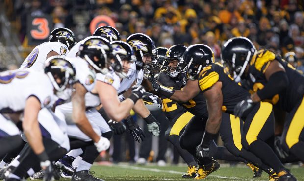 Pittsburgh Steelers line up against the Baltimore Ravens during a NFL football game between the Pit...