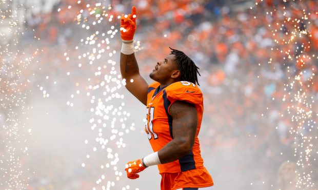 Inside linebacker Todd Davis #51 of the Denver Broncos is introduced before a game against the Dall...