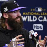 PHOENIX, AZ - OCTOBER 03: Colorado Rockies center fielder Charlie Blackmon #19 answers questions during a press conference at Chase Field October 03, 2017. The Colorado Rockies will play the Arizona Diamondbacks for a one-game NL Wild Card game at Chase Field Wednesday evening. (Photo by Andy Cross/The Denver Post via Getty Images)