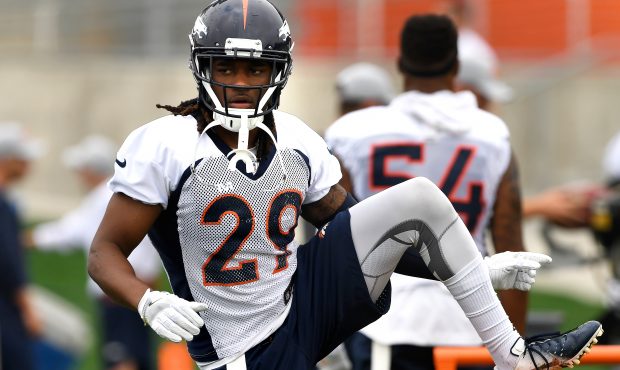 Defensive back Bradley Roby #29 stretching on day 2 of Denver Broncos training camp at the UCHealth...