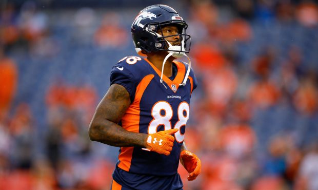 Wide receiver Demaryius Thomas #88 of the Denver Broncos stands on the field as he warms up before ...