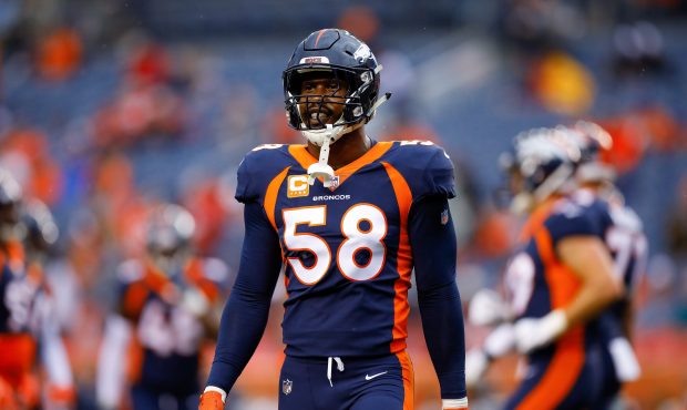 Linebacker Von Miller #58 of the Denver Broncos stands on the field before a game against the Kansa...