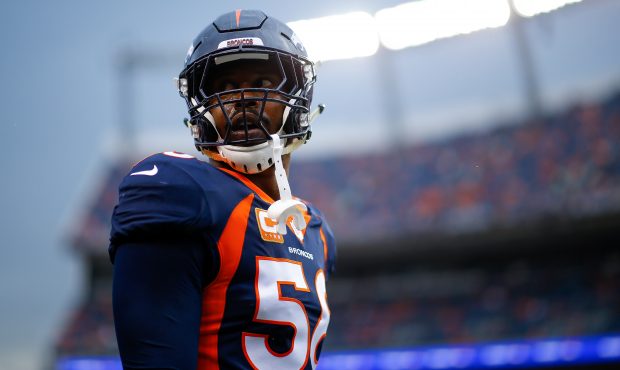 Linebacker Von Miller #58 of the Denver Broncos stands on the field before a game against the Kansa...
