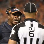 Head coach Vance Joseph of the Denver Broncos talks with a referee during the fourth quarter against the Kansas City Chiefs. The Denver Broncos hosted the Kansas City Chiefs at Broncos Stadium at Mile High in Denver, Colorado on Monday, October 1, 2018. (Photo by Eric Lutzens/The Denver Post via Getty Images)