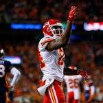 Tight end Demetrius Harris #84 of the Kansas City Chiefs celebrates after a 35-yard reception for a first down in the fourth quarter of a game at Broncos Stadium at Mile High on October 1, 2018 in Denver, Colorado. (Photo by Justin Edmonds/Getty Images)