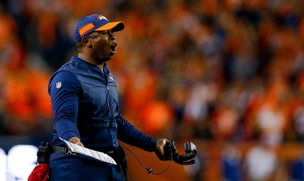 Head coach Vance Joseph of the Denver Broncos reacts to a referee in the second half of a game agai...