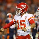 Quarterback Patrick Mahomes #15 of the Kansas City Chiefs reacts after a fourth quarter go-ahead touchdown against the Denver Broncos at Broncos Stadium at Mile High on October 1, 2018 in Denver, Colorado. (Photo by Matthew Stockman/Getty Images)