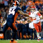 Quarterback Patrick Mahomes #15 of the Kansas City Chiefs looks downfield to pass against the Denver Broncos in the third quarter of a game at Broncos Stadium at Mile High on October 1, 2018 in Denver, Colorado. (Photo by Dustin Bradford/Getty Images)