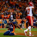 Defensive back Adam Jones #24 of the Denver Broncos celebrates after breaking up a pass intended for wide receiver Chris Conley #17 of the Kansas City Chiefs in the end zone in the third quarter of a game at Broncos Stadium at Mile High on October 1, 2018 in Denver, Colorado. (Photo by Justin Edmonds/Getty Images)