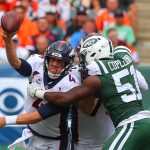 New York Jets outside linebacker Brandon Copeland (51) pressures Denver Broncos quarterback Case Keenum (4) during the first quarter of the National Football League game between the New York Jets and the Denver Broncos on October 7, 2018 at MetLife Stadium in East Rutherford, NJ. (Photo by Rich Graessle/Icon Sportswire via Getty Images)