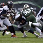 Quarterback Case Keenum #4 of the Denver Broncos gets sacked by defensive end Leonard Williams #92 of the New York Jets during the second quarter on Sunday, October 7 at MetLife Stadium. The NY Jets hosted the Denver Broncos. (Photo by Eric Lutzens/The Denver Post via Getty Images)
