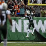 Wide receiver Robby Anderson #11 of the New York Jets celebrates after scoring a touchdown during the second quarter on Sunday, October 7 at MetLife Stadium. The NY Jets hosted the Denver Broncos. (Photo by Eric Lutzens/The Denver Post via Getty Images)