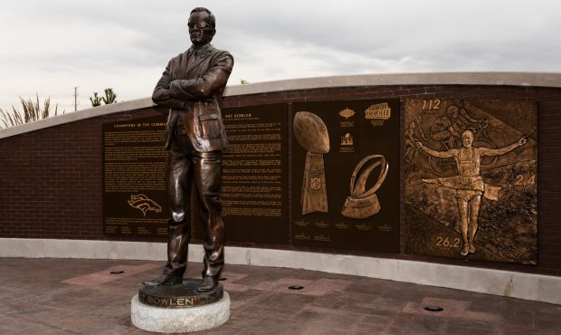 General view of the Pat Bowlen statue outside of Broncos Stadium at Mile High before the NFL regula...