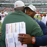 Head coach Vance Joseph of the Denver Broncos congratulates head coach Todd Bowles of the New York Jets after their game at MetLife Stadium on October 07, 2018 in East Rutherford, New Jersey. (Photo by Mike Stobe/Getty Images)