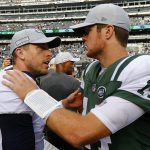 Case Keenum #4 of the Denver Broncos congratulates Sam Darnold #14 of the New York Jets on his win after their game at MetLife Stadium on October 07, 2018 in East Rutherford, New Jersey. (Photo by Mike Stobe/Getty Images)