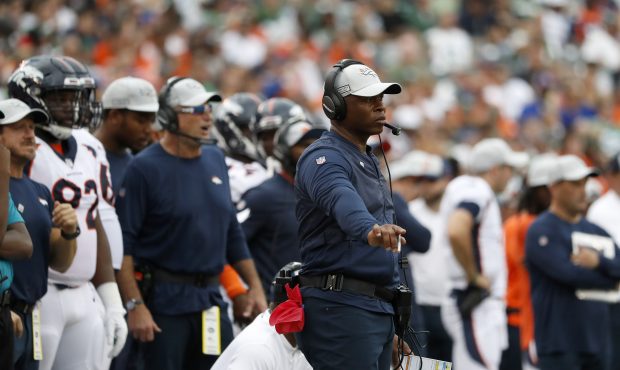 Head coach Vance Joseph of the Denver Broncos reacts against the New York Jets during the second ha...