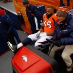 Guard Ronald Leary #65 of the Denver Broncos is carted off the field during the second half against the Los Angeles Rams at Broncos Stadium at Mile High on October 14, 2018 in Denver, Colorado. The Rams defeated the Broncos 23-20. (Photo by Justin Edmonds/Getty Images)