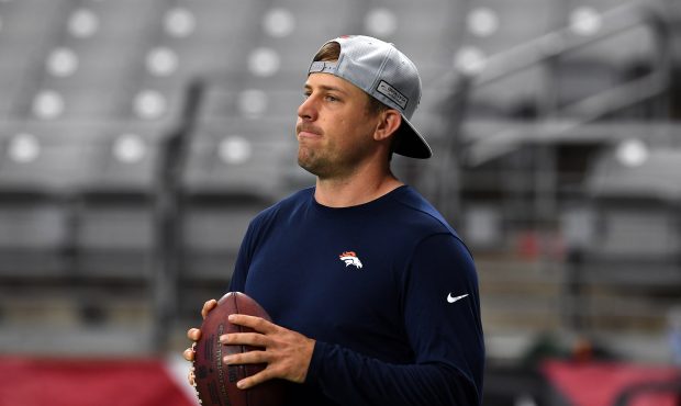 Case Keenum #4 of the Denver Broncos during early warm ups as they take on the Arizona Cardinals at...