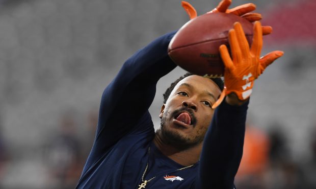 Demaryius Thomas #88 of the Denver Broncos warming up before their game against the Arizona Cardina...