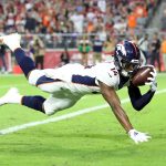 Wide receiver Courtland Sutton #14 of the Denver Broncos scores a 28-yard touchdown during the first quarter against the Arizona Cardinals at State Farm Stadium on October 18, 2018 in Glendale, Arizona. (Photo by Christian Petersen/Getty Images)