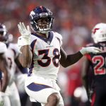 Defensive back Shamarko Thomas #38 of the Denver Broncos reacts after a defensive stop during the first quarter against the Arizona Cardinals at State Farm Stadium on October 18, 2018 in Glendale, Arizona. (Photo by Christian Petersen/Getty Images)