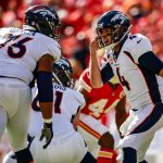 KANSAS CITY, MO - OCTOBER 28: Case Keenum #4 of the Denver Broncos yells a protection call to teammate Max Garcia #76 in deafening crowd noise during the first quarter of the game against the Kansas City Chiefs at Arrowhead Stadium on October 28, 2018 in Kansas City, Missouri. (Photo by David Eulitt/Getty Images)