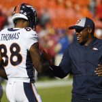 KANSAS CITY, MO - OCTOBER 28: Denver Broncos head coach Vance Joseph, right,, greets Denver Broncos wide receiver Demaryius Thomas (88) on field before playing the Kansas City Chiefs at Arrowhead Stadium October 28, 2018. (Photo by Andy Cross/The Denver Post via Getty Images)