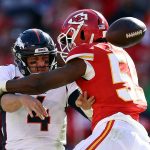 KANSAS CITY, MO - OCTOBER 28:  Quarterback Case Keenum #4 of the Denver Broncos loses the ball as he is tackled by linebacker Reggie Ragland #59 of the Kansas City Chiefs during the game at Arrowhead Stadium on October 28, 2018 in Kansas City, Missouri.  (Photo by Jamie Squire/Getty Images)