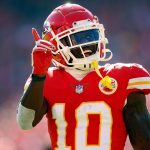 KANSAS CITY, MO - OCTOBER 28:  Wide receiver Tyreek Hill #10 of the Kansas City Chiefs reacts after catching a pass during the game against the Denver Broncos at Arrowhead Stadium on October 28, 2018 in Kansas City, Missouri.  (Photo by David Eulitt/Getty Images)