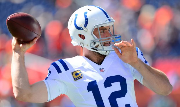 Quarterback Andrew Luck #12 of the Indianapolis Colts warms up before the game against the Denver B...