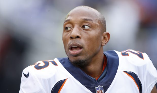 Chris Harris Jr. #25 of the Denver Broncos looks on during the game against the Baltimore Ravens at...