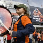 A drummer with the Denver Broncos Stampede marches on the south side of the Broncos Stadium at Mile High November 04, 2018. The Denver Broncos honored former Denver Broncos WR Demaryius Thomas, now a Houston Texan, with a large banner on the south side of the stadium. (Photo by Andy Cross/The Denver Post via Getty Images)