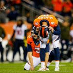 DENVER, CO - NOVEMBER 4:  Kicker Brandon McManus #8 and punter Colby Wadman #3 of the Denver Broncos react after a fourth quarter field goal attempt that was no good against the Houston Texans at Broncos Stadium at Mile High on November 4, 2018 in Denver, Colorado. (Photo by Justin Edmonds/Getty Images)