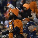 DENVER, CO - NOVEMBER 4: A Denver Broncos fan reacts to a plat during the fourth quarter against the Houston Texans. The Denver Broncos hosted the Houston Texans at Broncos Stadium at Mile High in Denver, Colorado on Sunday, November 4, 2018. (Photo by Andy Cross/The Denver Post via Getty Images)