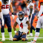 DENVER, CO - NOVEMBER 4:  Quarterback Deshaun Watson #4 of the Houston Texans catches his breath after being tackled in the second half of a game against the Denver Broncos at Broncos Stadium at Mile High on November 4, 2018 in Denver, Colorado. (Photo by Justin Edmonds/Getty Images)