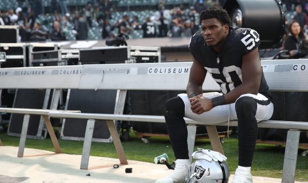 Nicholas Morrow #50 of the Oakland Raiders sits on the bench after their 20-6 loss to the Los Angel...