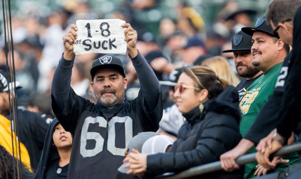 A Raiders fan tells it like it is during the NFL football game between the Los Angeles Chargers and...
